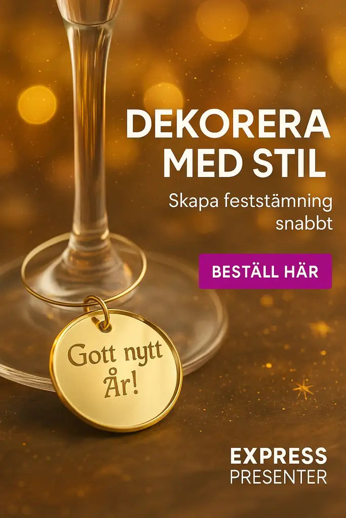 Ett vinglas med en guldtagg med texten Gott nytt År! hänger från skaftet. Svensk text gör reklam för snygg julinredning och en magentafärgad knapp säger BESTÄLL HÄR.
