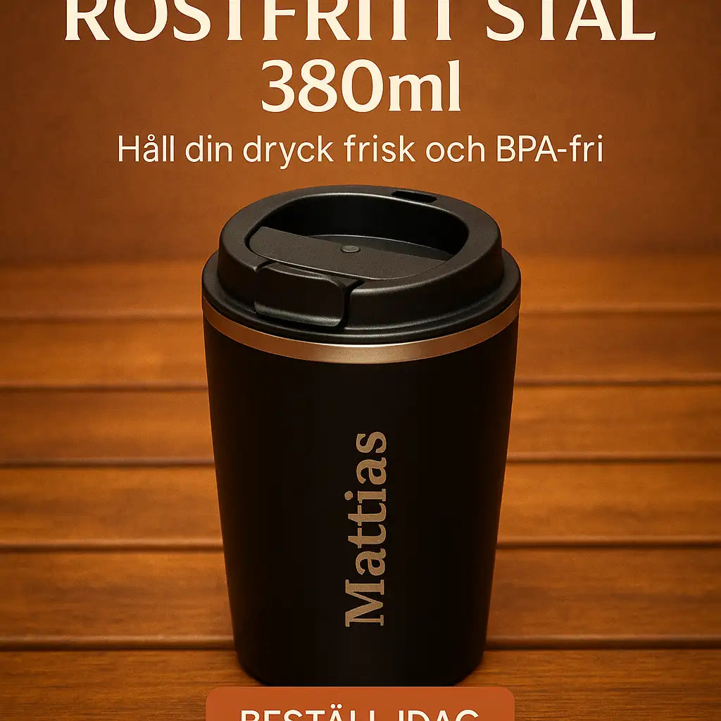 En svart Termosmugg med eget namn från Express-presentatören, märkt Mattias, står på en träskiva. Svensk text ovan noterar dess 380 ml kapacitet, rostfritt stål och BPA-fria egenskaper. En Beställ idag-knapp visas nedan.
