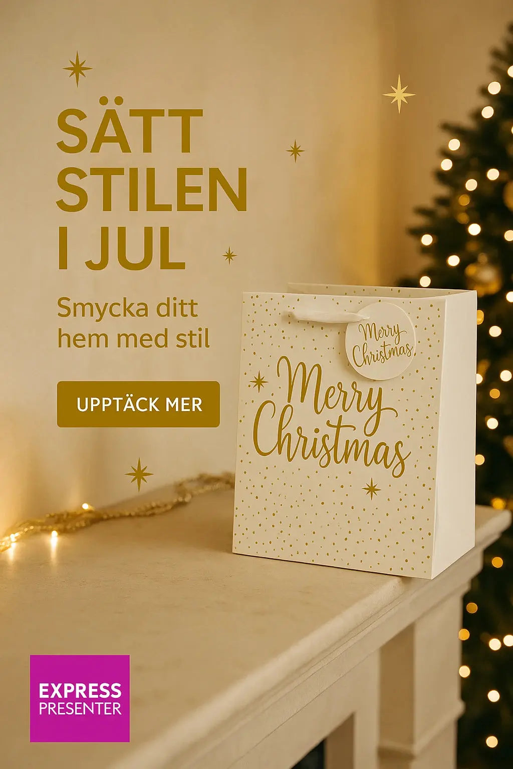 En vit presentförpackning med Jag Älskar Dig i guld och svart text, bredvid ett guldband på en beige bakgrund. Svensk text erbjuder ett paket för 595 SEK. En Beställ paket-knapp visas.