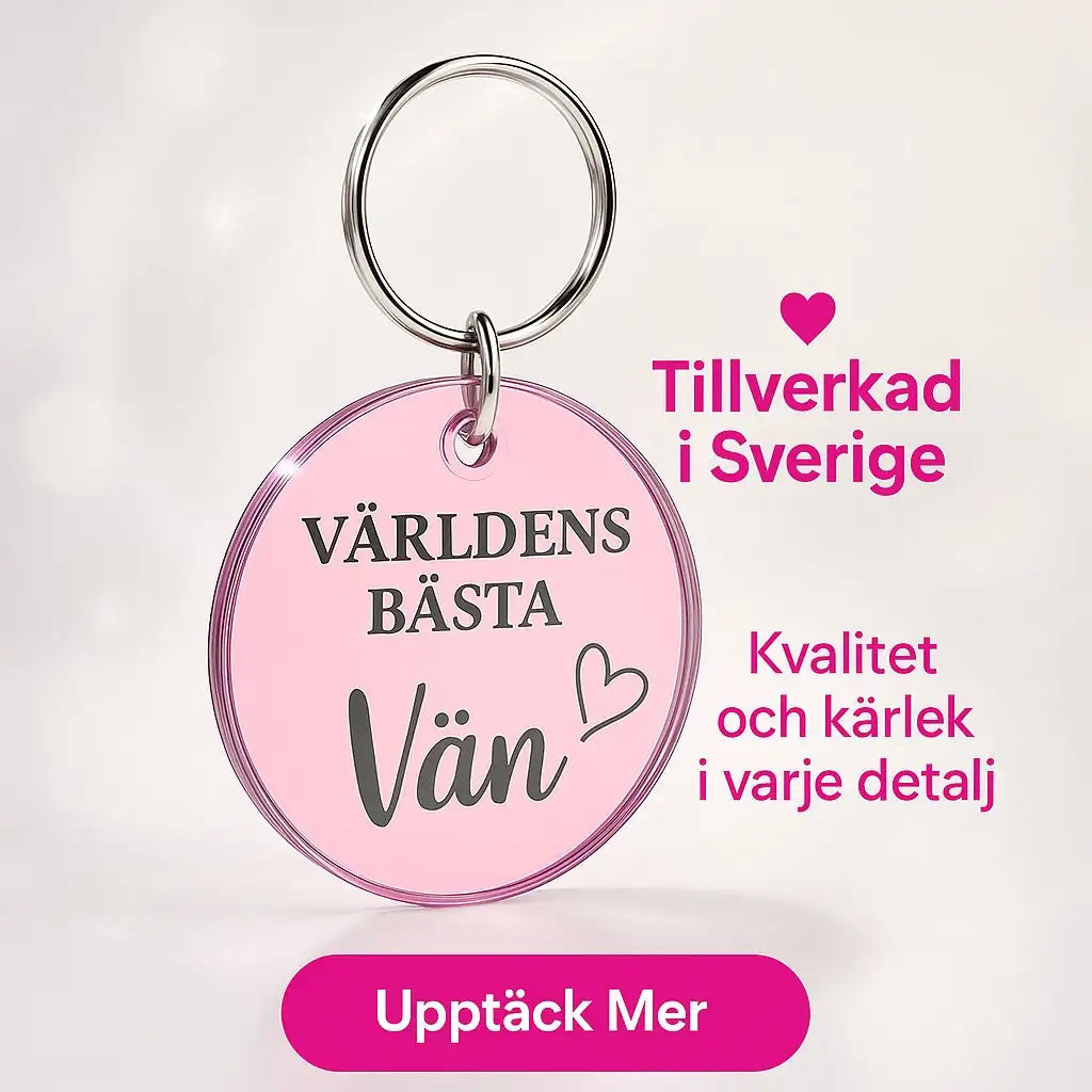 En rosa nyckelring med texten Världens bästa vän och ett hjärta, bredvid svensk text om kvalitet och kärlek i varje detalj. På en knapp nedanför står det Upptäck Mer.