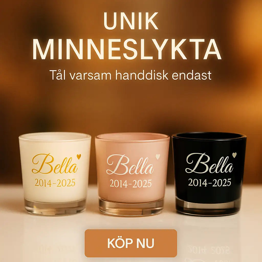 Tre minnesvärmeljus märkta med namn och årtal i vita, rosa och svarta ljuslykta glashållare av Express-presenter (Ljuslykta | Minneslykta namn & Årtal), monterade på trä med svensk text ovan och KÖP NU-knapp nedan. Handtvätt rekommenderas.