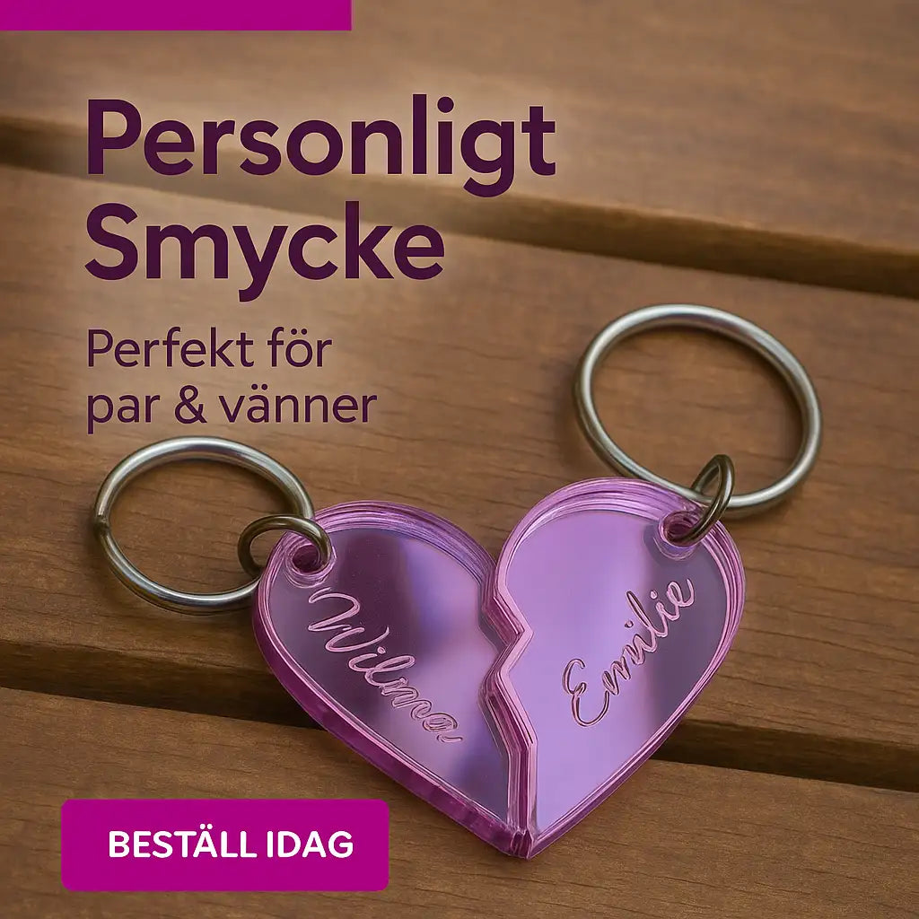 Express-presenter's Nyckelring - Halvt hjärta i spegelplast (rosa) är en 4x3cm lila hjärtformad nyckelring delad i två, graverad med namn i hjärta - perfekt som en personlig present till par eller vänner.