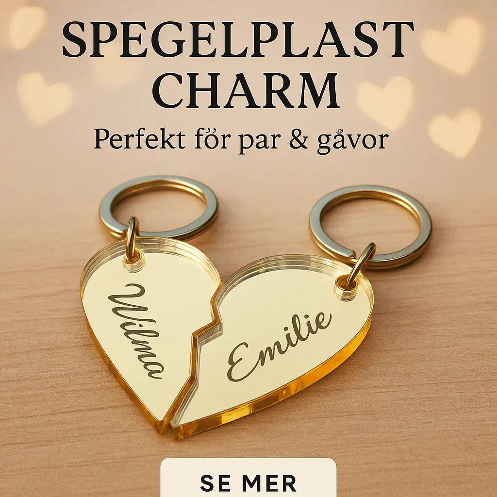 Express-presenter Nyckelring - Halvt hjärta: Två guldfärgade spegelplast-nyckelringar bildar ett brutet hjärta med namn - Vilma och Emilie, 4x3cm. Perfekt gåva till par eller någon du tycker om.