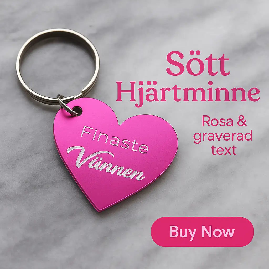 En rosa, hjärtformad nyckelring från Express-presenter med "Finaste vännen" ingraverat vilar på marmor. Stor text säger "Sött Hjärtminne" och "Rosa & graverad text". En Köp Nu-knapp visas i hörnet.
