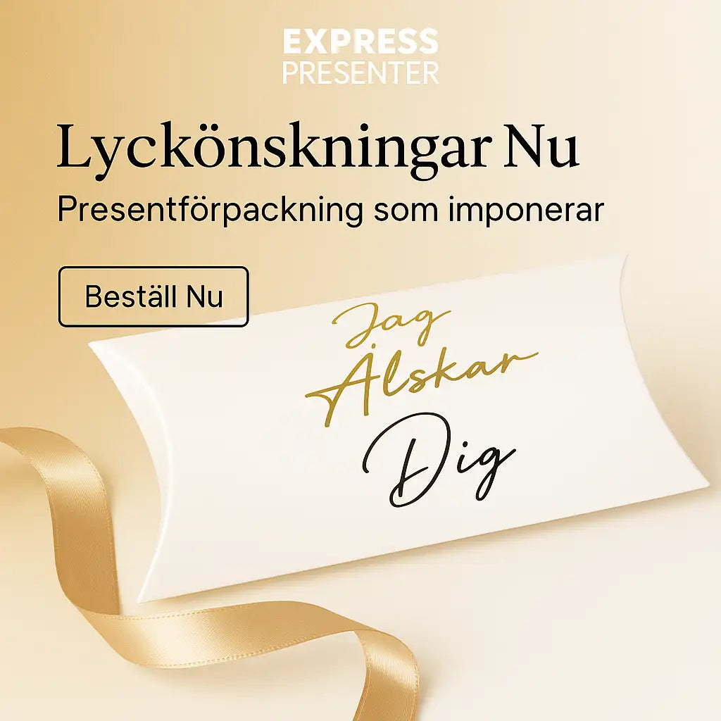 Express-presenters Presentförpackning | Jag älskar dig visas i beige med guldtext och ett guldband som fångar elegansen hos medaljer. Svensk text lyder: Lyckönskningar Nu - Presentförpackning som imponerar. Knapp: Beställ Nu.