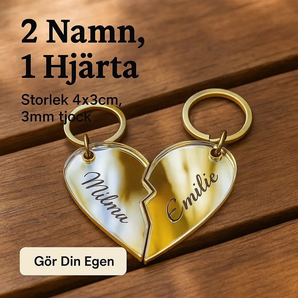 Express-presentatörens "Nyckelring - Halvt hjärta": en 4x3 cm stor nyckelring med hjärta i guldspegelplast som är delad i två delar med varsin nyckelring och ingraverade namn (t.ex. Milma & Emilie). Anpassningsbar - funktioner beskrivs på svenska på trädisplayen.