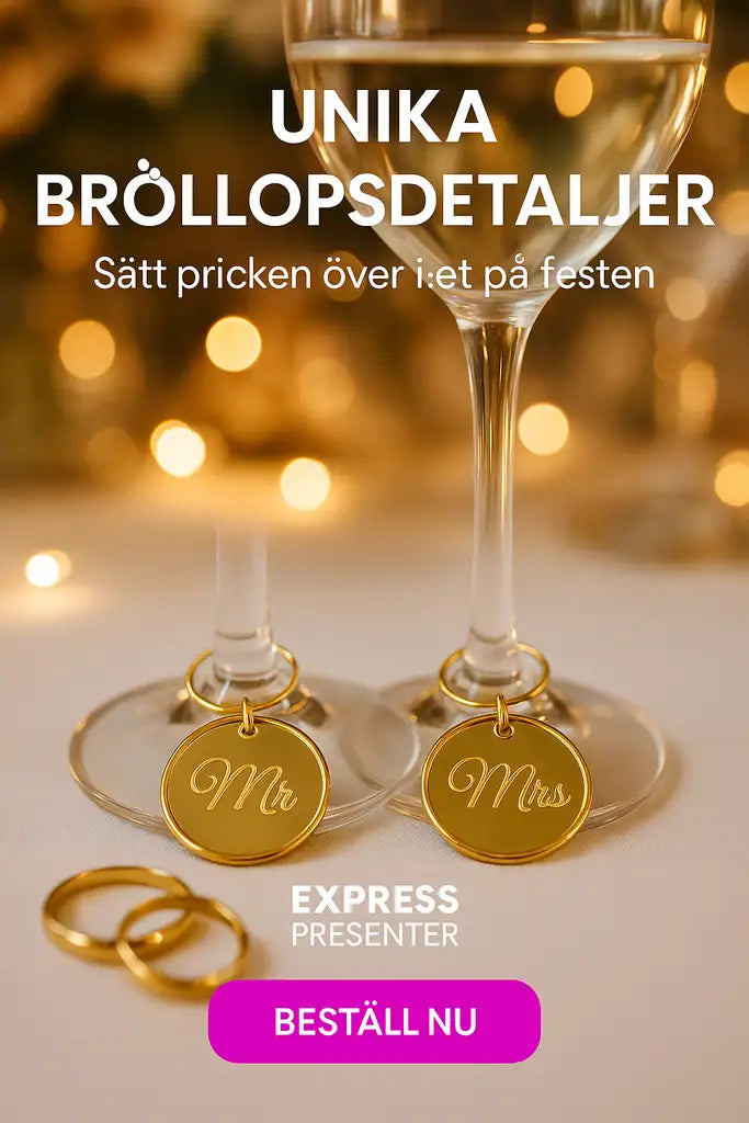 Två vinglas med Expresspresenter.se:s Glasmarkörer bröllop 2st märkta Mr och Mrs, två creolringar bredvid, bokeh-ljus bakom. Svensk text lyfter fram unika bröllopsdetaljer; en rosa "Beställ nu"-knapp visas.