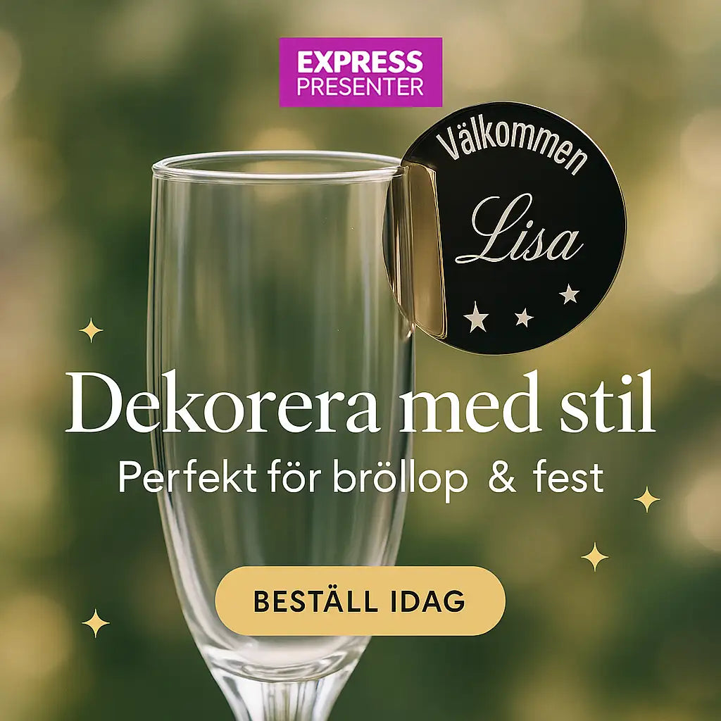 Dekorera festen med glasmarkörer från Express-presenter! Glas med rund svart spegelakryl-namnbricka: Välkommen Lisa. Perfekt för bröllop och fest. Skapa stil och personlighet - beställ idag! Grön naturlig bakgrund.