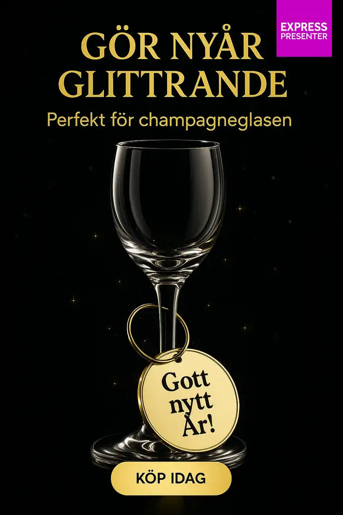 En Glasmarkör Gott nytt år by Express-presenter, med en guldfärgad "Gott nytt år!"-tagg, gnistrar på svart. Svensk text firar in det nya året med eleganta glasmarkörer och en KÖP IDAG-knapp.