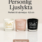 Tre Express-presenter Ljuslykta | Minneslykta namn & Årtal glasljusstakar i vitt, rosa och svart, personliga med "Bella" och 2014-2025. Svensk text ovan, värmeljusvänlig. Knapp: Beställ Idag (Order Today).