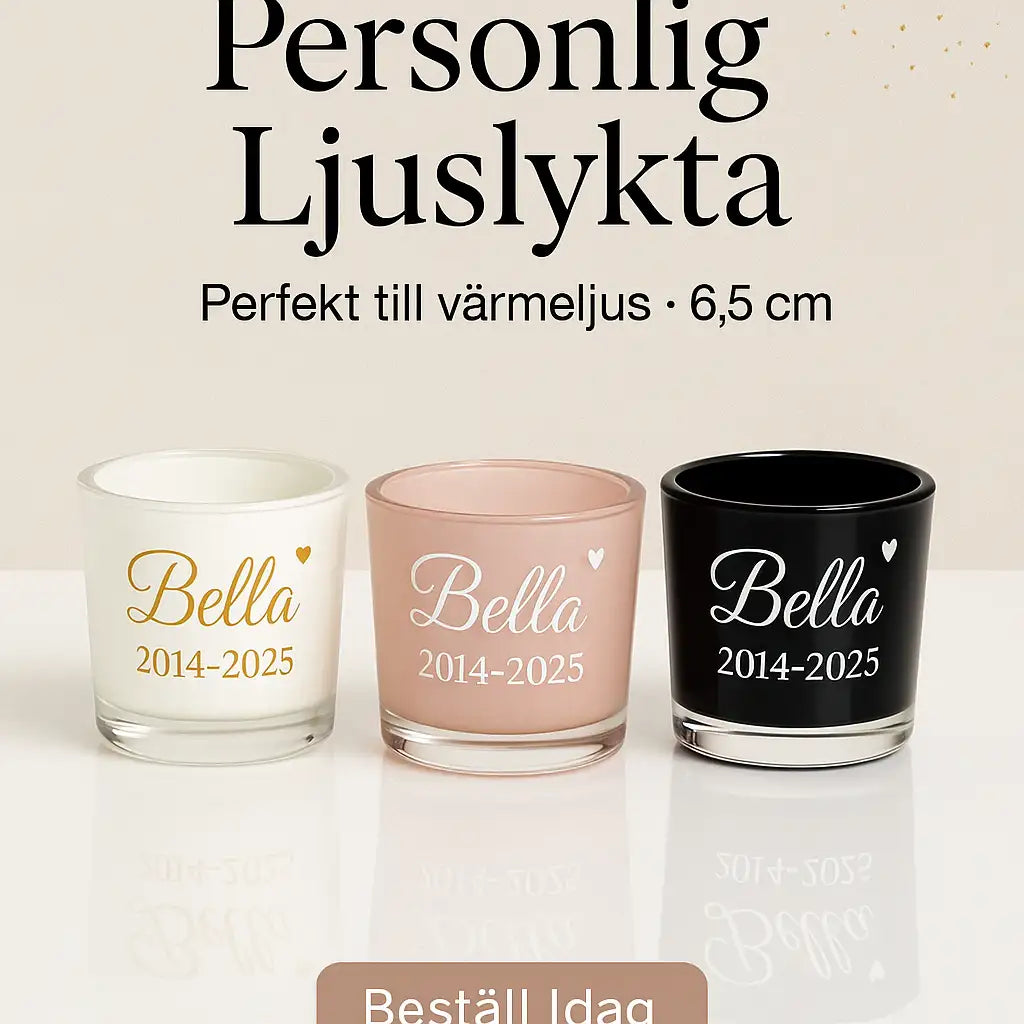 Tre Express-presenter Ljuslykta | Minneslykta namn & Årtal glasljusstakar i vitt, rosa och svart, personliga med "Bella" och 2014-2025. Svensk text ovan, värmeljusvänlig. Knapp: Beställ Idag (Order Today).