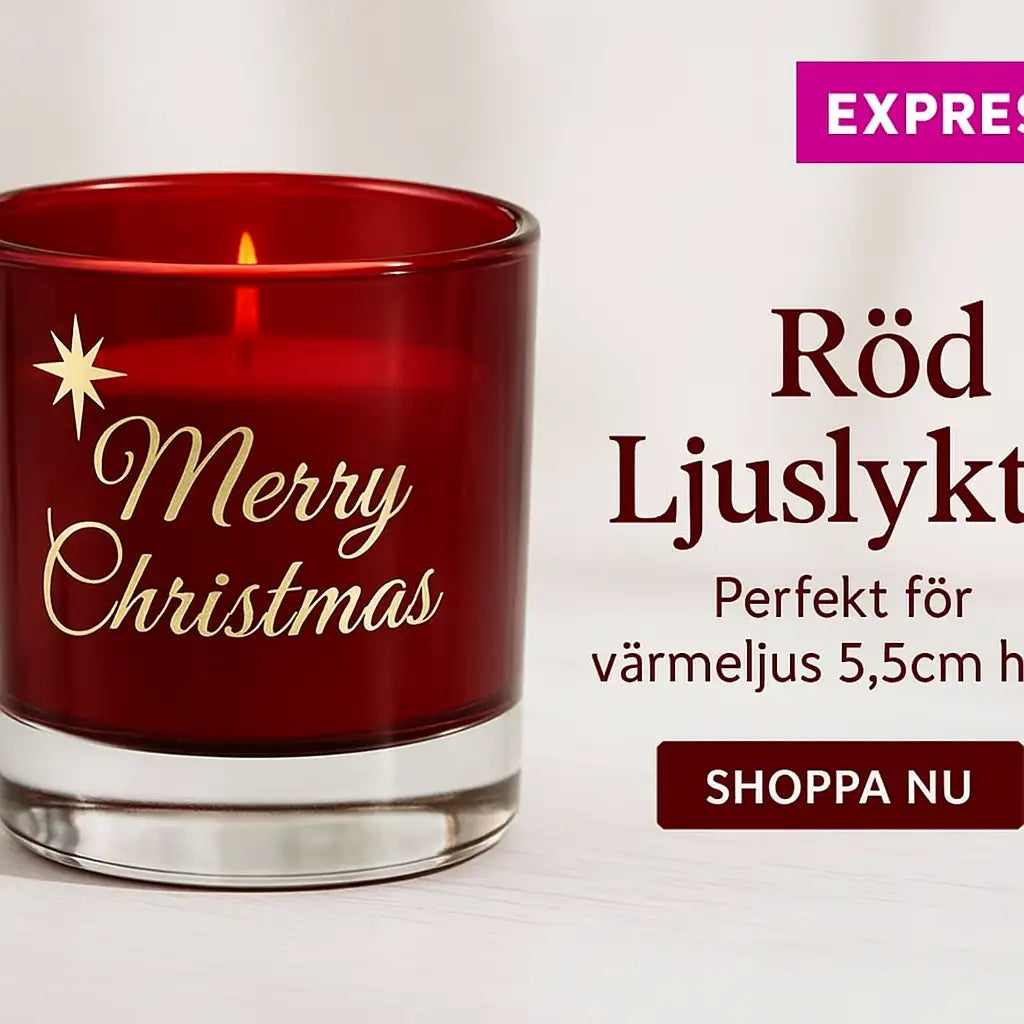Den röda Ljuslykta | Marry Christmas by Express-presenter har guldskrift och svensk text som kallar den den perfekta värmeljushållaren på 5,5 cm. Längst upp till höger finns en EXPRESS-tagg och en SHOPPA NU-knapp.