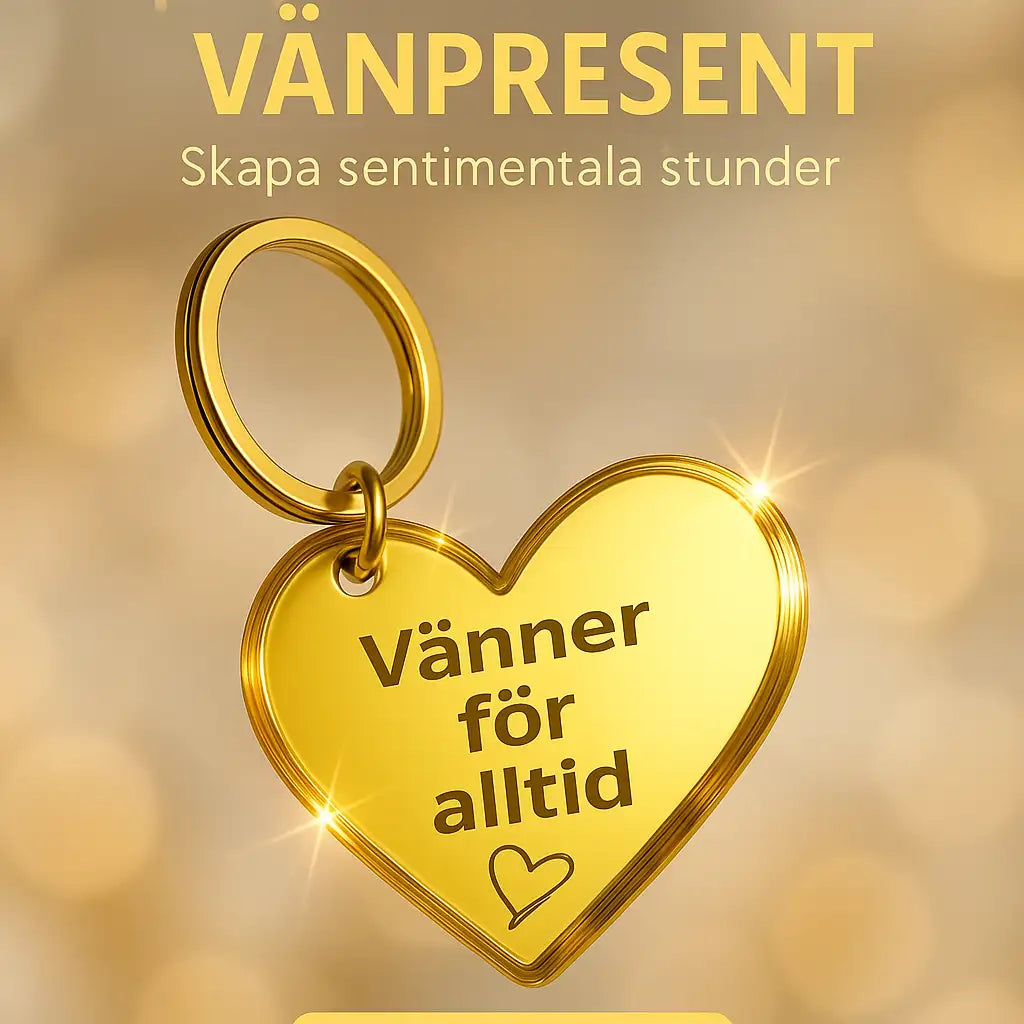 Nyckelring - Vänner för alltid från Express-presenter: En hjärtformad nyckelring i spegelplast (4x3 cm, 3 mm tjock), med texten "Vänner för alltid", ett litet hjärta och orden: VÄNPRESENT Skapa sentimentala stunder.
