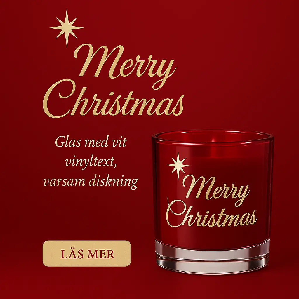 Ljuslykta | Marry Christmas (röd) från Express-presenter i glas med guldfärgad text står på röd bakgrund. En guldfärgad stjärna samt en LÄS MER-knapp syns också.