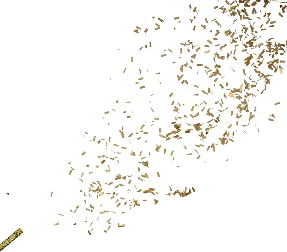 Guldkonfetti sprutar ut från Express-presenter Konfettikanon GULD 60 cm i det nedre vänstra hörnet och sprids diagonalt över en vit bakgrund.