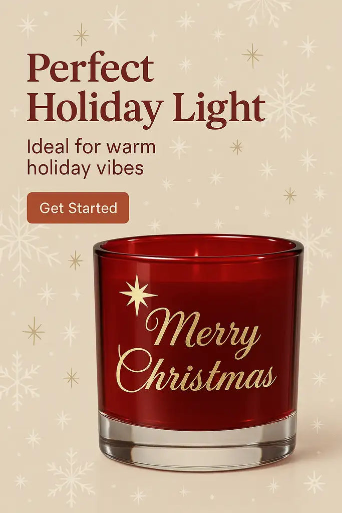 Expressens ljus Ljuslykta | Marry Christmas (röd) med guldtext vilar på en beige, snöflingemönstrad bakgrund. "Perfect Holiday Light, Ideal for warm holiday vibes" visas ovanför, tillsammans med en Get Started-knapp.