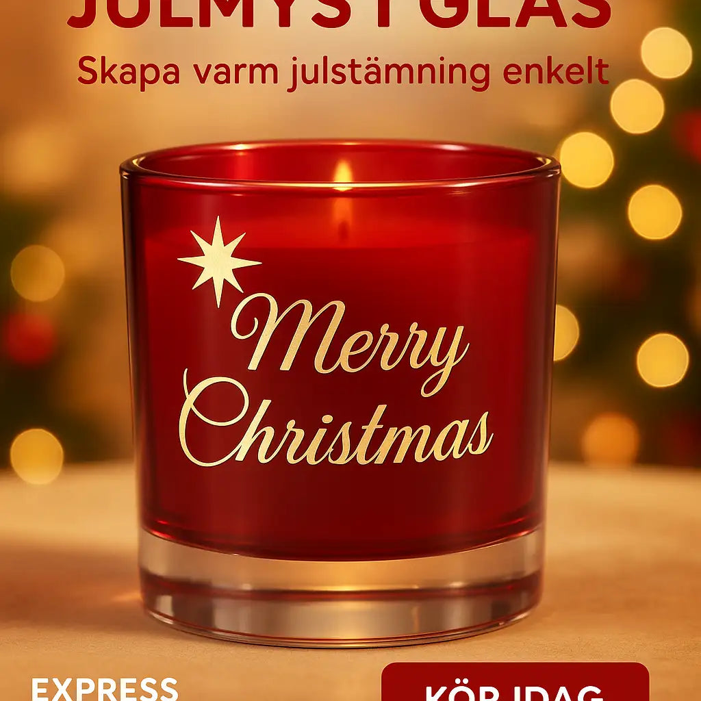 Ljuslyktan Ljuslykta | Marry Christmas (röd) från Express-presenter har guldskrift och en stjärna på rött glas. Den lyser varmt med en festlig julbakgrund, medan svensk text visas högst upp.