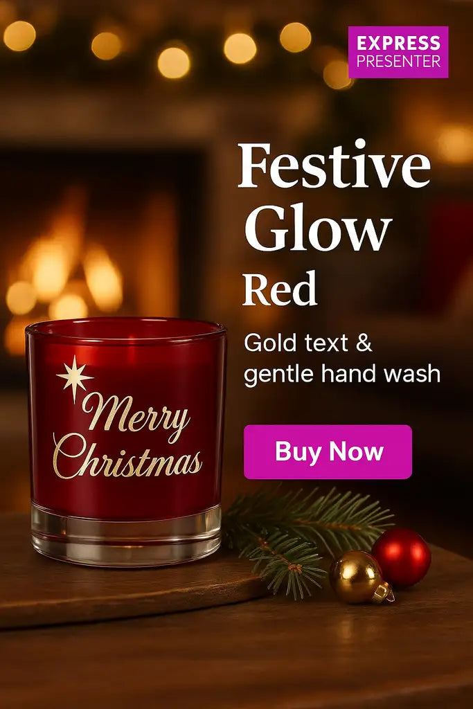 Ljuslykta | Marry Christmas (röd) av Express-presenter, med guldbokstäver, lyser varmt på ett träbord bland tallgrenar och prydnadsföremål - perfekt festdekoration bredvid knappen Köp nu och beskrivningen av ljuset Festive Glow Red.