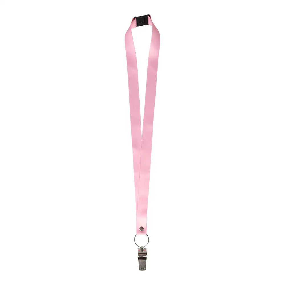 Express-presentatören Visselpipa | Rosa har ett rosa nyckelband med metallspänne, delad ring och vridbar krok - perfekt för nycklar eller ditt rosa band - mot en vit bakgrund.