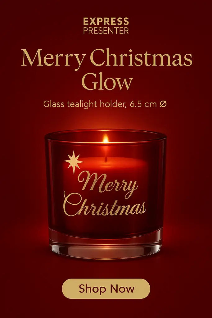 En Ljuslykta | Marry Christmas (röd) värmeljusstake i glas från Express-presenter, glödande med ett ljus inuti och Merry Christmas i guldskrift, mot en djupröd bakgrund. Se ovan: "Merry Christmas Glow". En Shop Now-knapp finns nedan.