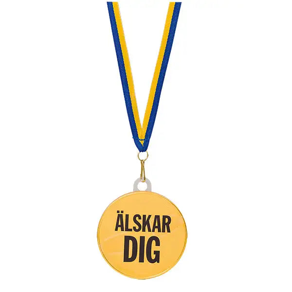 Choklad älskar dig medalj från Express-presenter har "ÄLSKAR DIG" på guldchoklad med ett blått och gult band - perfekt som godis eller pris.