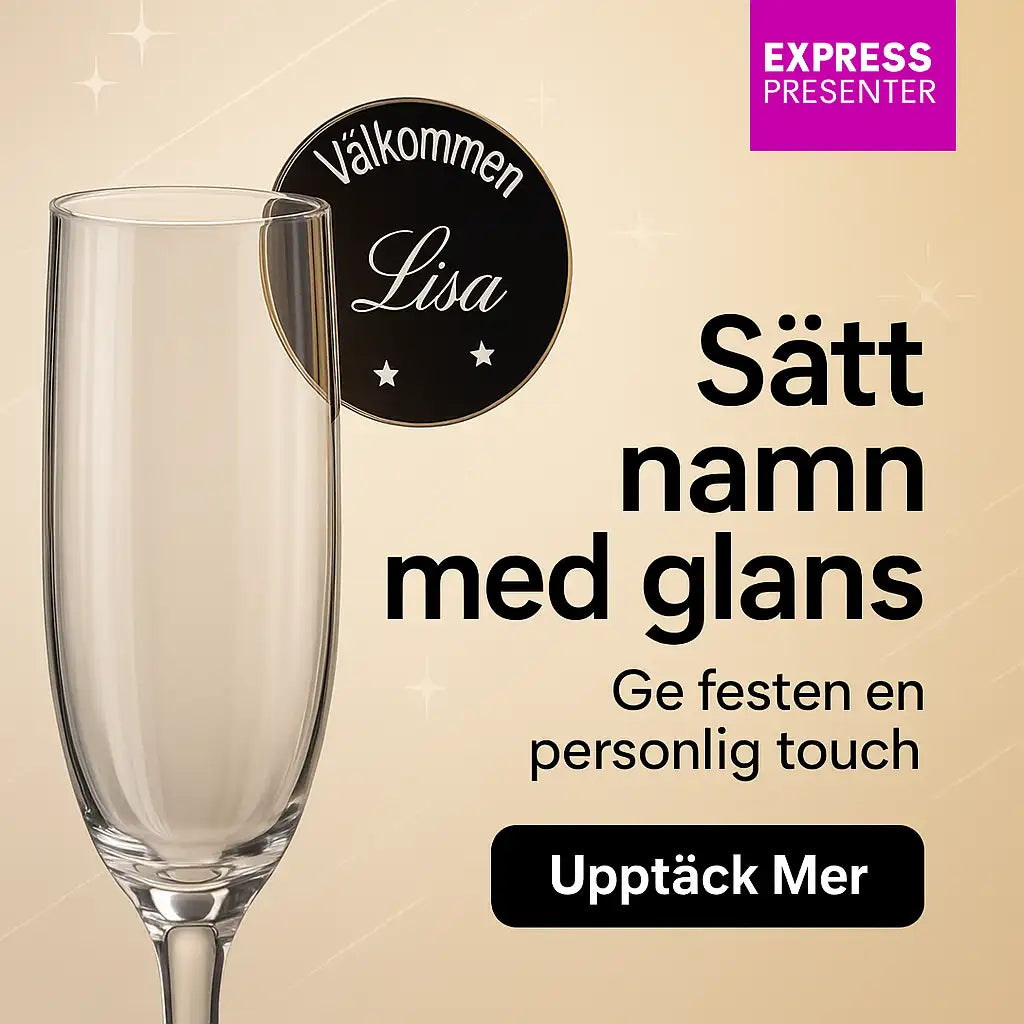 Ett champagneglas med en rund tagg i spegelakryl med texten Välkommen Lisa och fet svensk text: Dekorera festen med glasmarkörer. Ge festen en personlig touch. Express-presenter logotyp och en Upptäck Mer-knapp visas också.