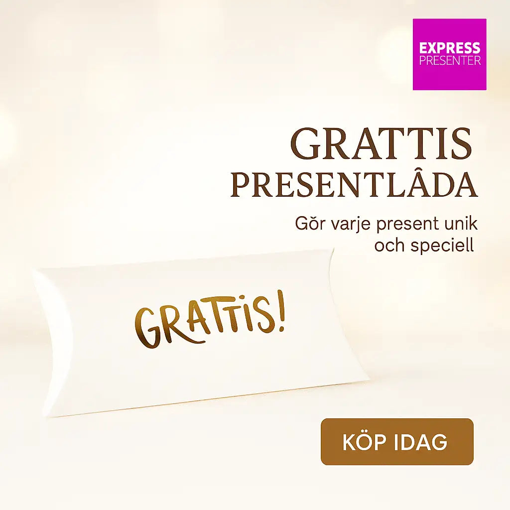 Presentförpackning Grattis från Express-presenter är en vit presentförpackning med texten "GRATTIS!" i guld mot en ljus bakgrund. En rosa Express-presenter-logotyp och en KÖP IDAG-knapp i guld markerar detta gratulationspaket.
