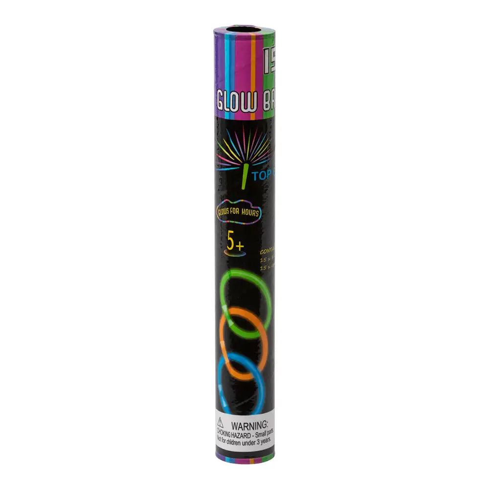 Express-presenters GLOW STICKS 15-P DISPLAY kommer i en svart, neonaccentuerad cylindrisk förpackning med färgglada ringar, märkt för åldrarna 5+ och märkt med en säkerhetsvarning-ideal lysande pinnar festtillbehör.