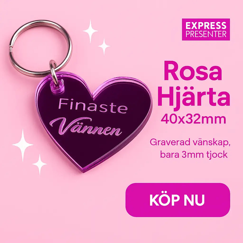 Express-presenters Nyckelring | Finaste vännen Rosa är en rosa, hjärtformad nyckelring i spegelblank akryl med "Finaste Vännen" ingraverat. Storlek: 40x32 mm, 3 mm tjock - en perfekt vänskapsgåva! Klicka på den lila "KÖP NU"-knappen för att köpa.