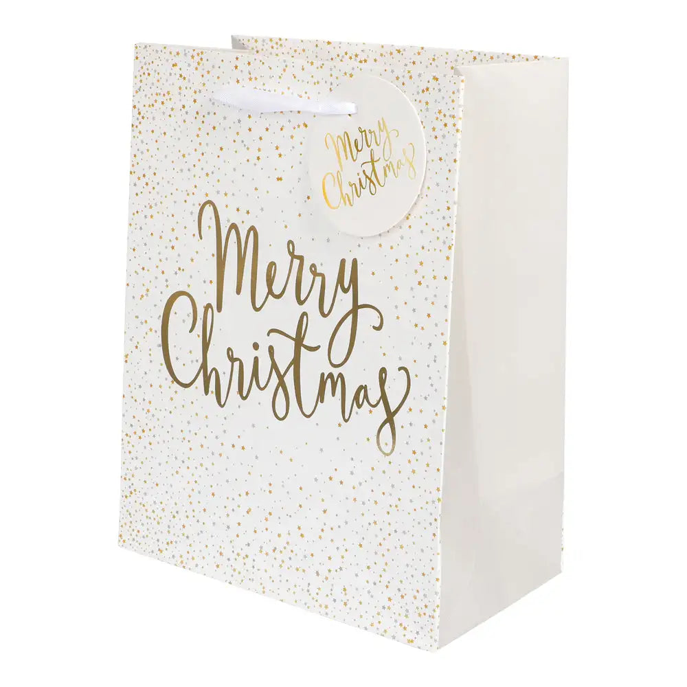 Express-presenter "Presentpåse vit | God jul" är en vit presentpåse med guldkonfetti och stor guldfärgad "God Jul"-text. Med en matchande rund presentetikett på ett vitt rephandtag. Mått: 18x23x10 cm.