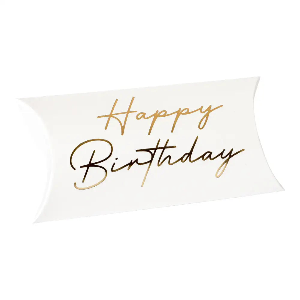 Express-presenter Presentförpackning | Happy birthday är en vit rektangulär presentförpackning med "Happy Birthday" elegant skrivet i guldskrift på framsidan.