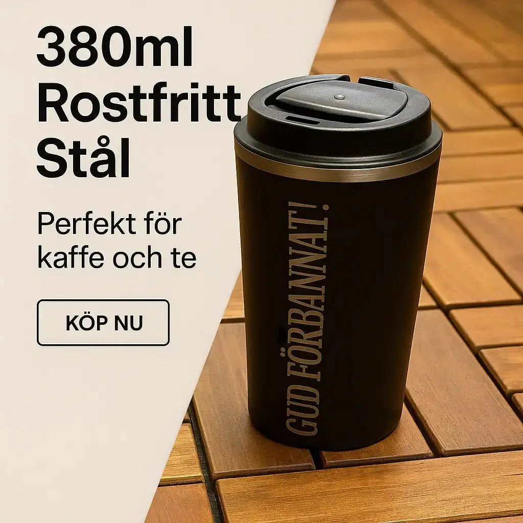 En svart Termosmugg med eget namn från Express-presenter med temperaturvisning och ledbelyst lås står på en träyta. Bredvid syns texten 380ml Rostfritt Stål, Perfekt för kaffe & te samt en KÖP NU-knapp.