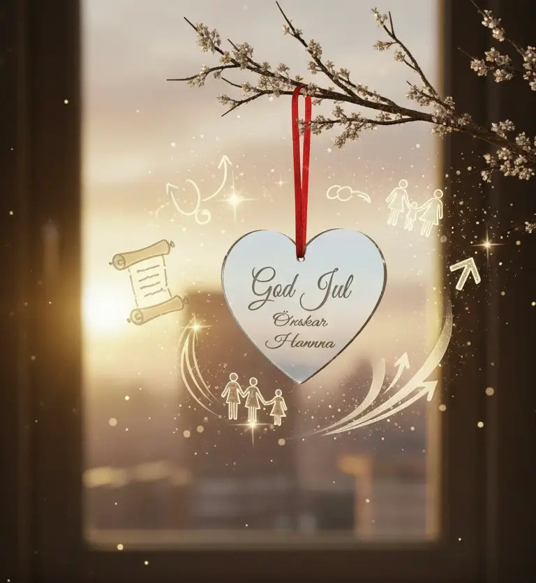 Julhänge i form av ett hjärta som är graverad med text, god jul, 