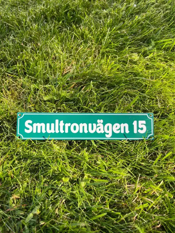 En Adresskylt från Express-presenter, i grönt med vit text "Smultronvägen 15", ligger på gräs, med skruvhål och en storlek på 300×100 mm.