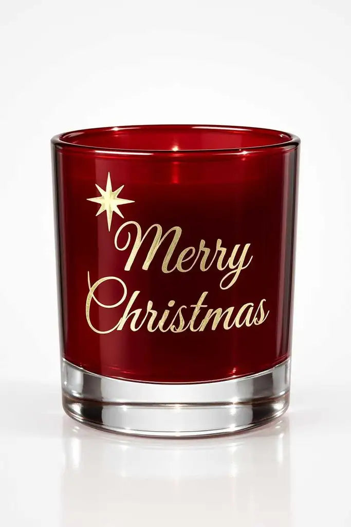 Expressens reklampelare Ljuslykta | Marry Christmas (röd) är en röd glaslykta med guldbokstäverna "Marry Christmas" och en guldstjärna på en vit bakgrund.