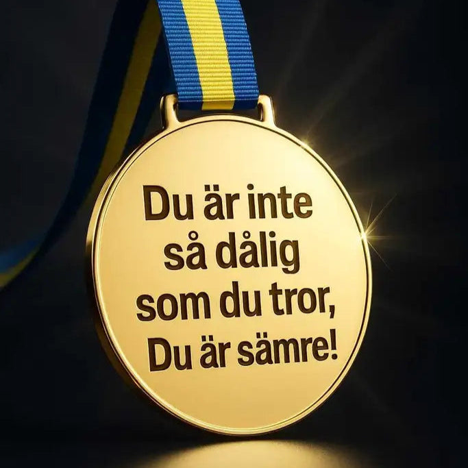Express-presenter's medalj med blågult band, spegelplast guld finish och svensk text: "Du är inte så dålig som du tror, Du är sämre!" ("Du är inte så dålig som du tror, du är sämre!").