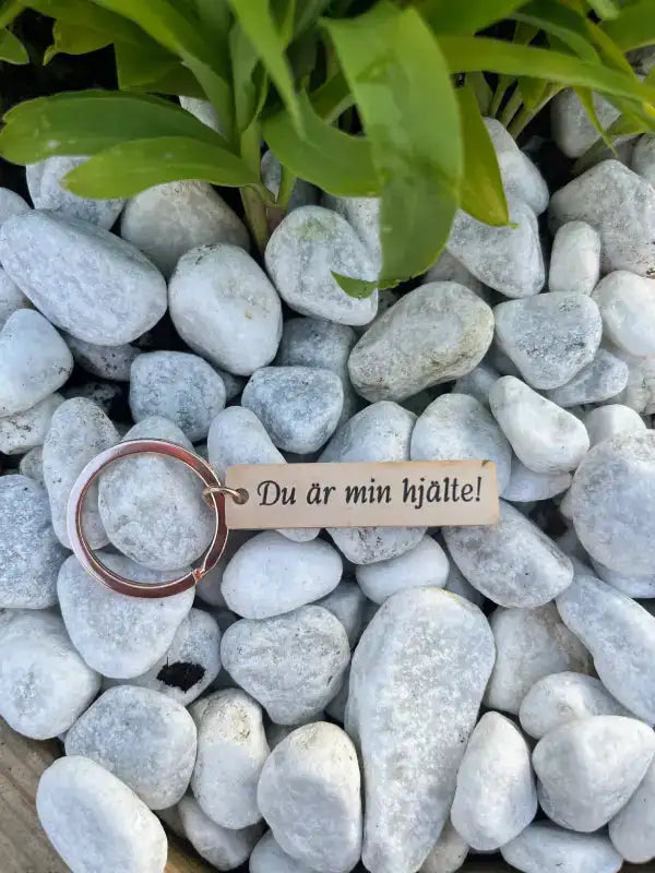 Nyckelringen | Du är min hjälte! by Express-presenter består av ett 12 x 50 mm rostfritt stålsmycke med laseretsad text, placerad på vita stenar och gröna växter i bakgrunden - en inspirerande vardagsaccessoar.