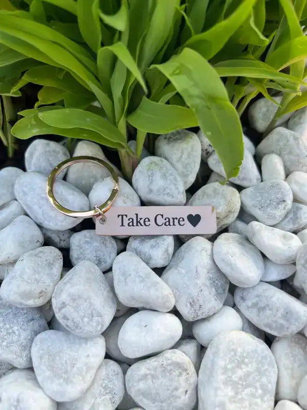 Nyckelringen | Take Care by Express-presenter består av en 12x50 mm rektangulär tagg i laseretsat rostfritt stål med "Take Care" och ett hjärta, placerad på vita stenar och gröna blad.