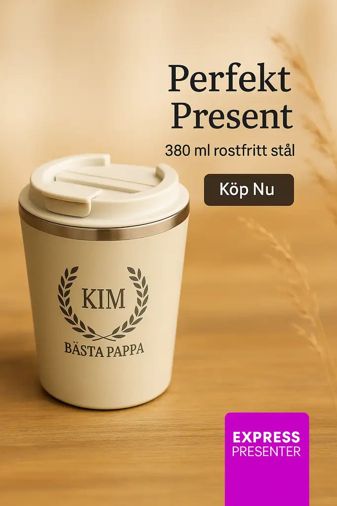 En beige Termosmugg | Bästa pappa från Express-presenter står på en träyta. Egenskaper 380 ml, rostfritt stål, lasergravyr, med lock. Text: Perfekt present. Köp Nu och EXPRESS PRESENTER-etikett visas också.
