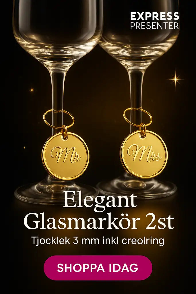 Två vinglasmarkörer med texten Mr och Mrs från Expresspresenter.se. "Glasmarkörer bröllop 2st." Rosa knapp: Shoppa Idag.