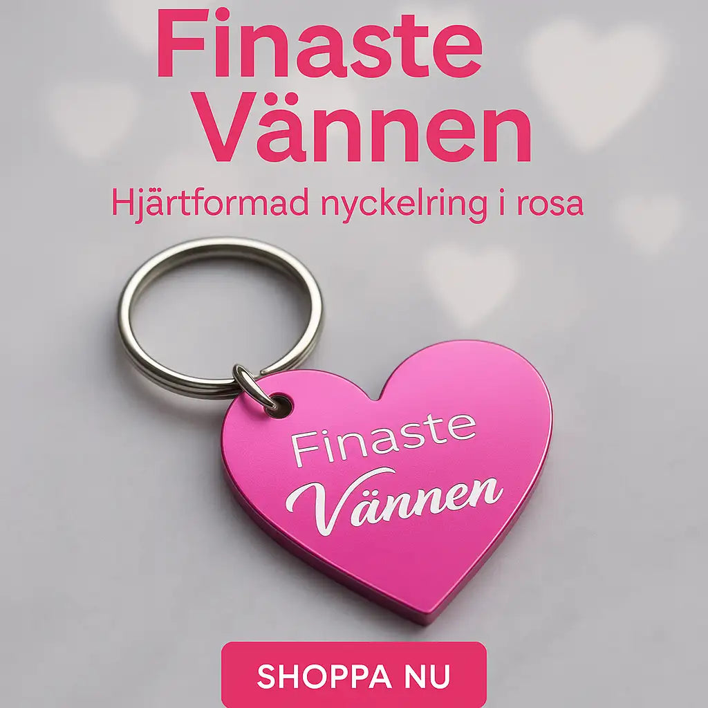 Express-presenter's Nyckelring | Finaste vännen (rosa): rosa hjärtformad nyckelring med "Finaste Vännen" graverat. Handla nu - suddiga hjärtan syns i bakgrunden.