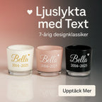 Tre personliga Ljuslykta | Minneslykta namn & Årtal ljusstakar från Express-presenter, i vitt, rosa och svart med namnet Bella och år 2014-2025. Svensk text marknadsför handtvättsvänlig specialdesign för värmeljus. Knapp för "Upptäck Mer" medföljer.