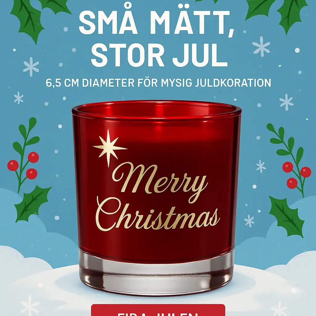 Expressens presentatör Ljuslykta | Marry Christmas (röd) är en ljusstake i rött glas med "Marry Christmas" i guld, bland julgrönska, bär och festlig svensk text med snöflingor och järnek i bakgrunden.