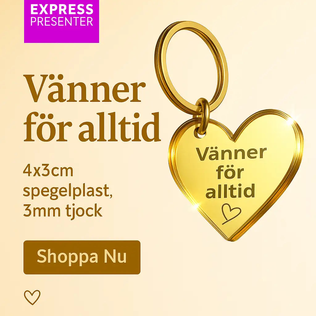 Nyckelring - Vänner för alltid från Express-presenter: hjärtformad, 4x3 cm, tillverkad av 3 mm spegelplast. "Vänner för alltid" ingraverat vid produktinfo. Rosa Express Presenter-etikett uppe till vänster, guldig Shoppa Nu-knapp nere.