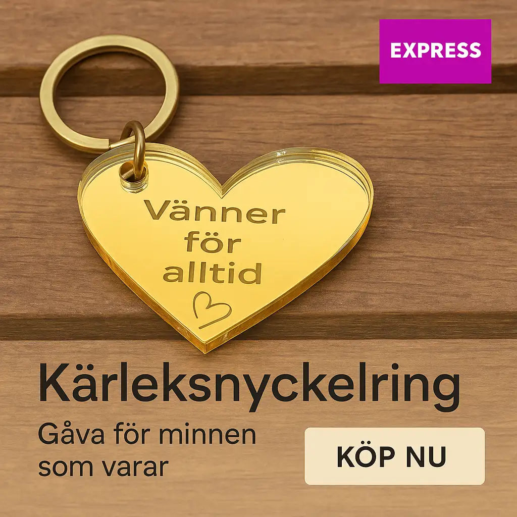 En guldfärgad hjärtformad nyckelring (4x3cm, 3mm spegelplast) graverad med "Vänner för alltid" från Express-presenter på trä. Text: "Nyckelring - Vänner för alltid - Gåva för minnen som varar." KÖP NU-knapp och EXPRESS-etikett.