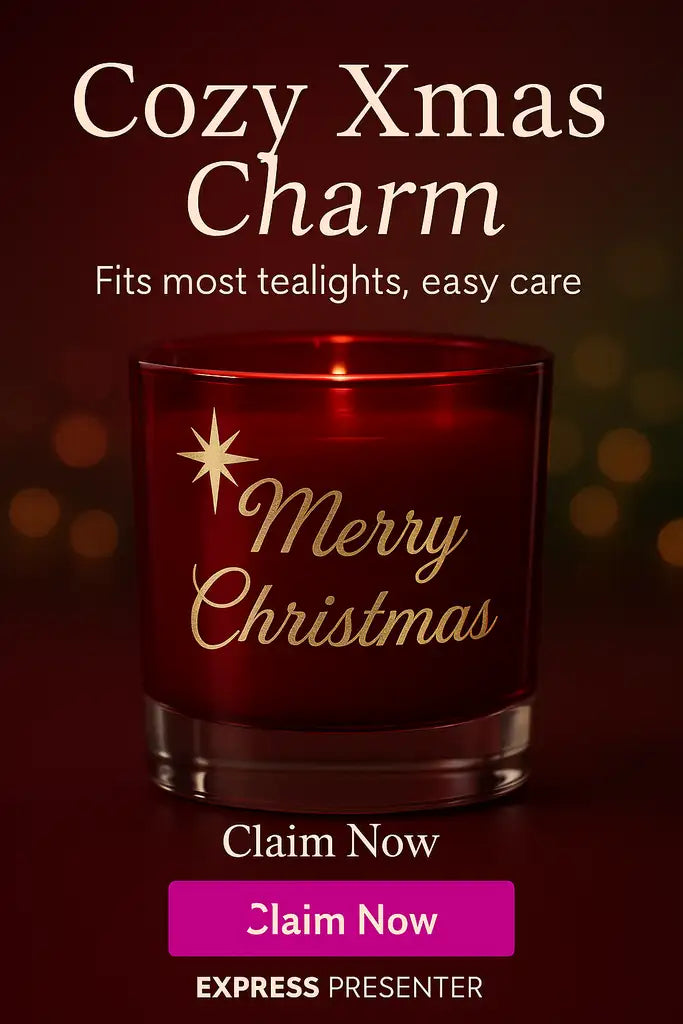 Här visas en röd ljuslykta i glas med "Marry Christmas" i guld. I annonsen står det: Ljuslykta | Marry Christmas (röd) från Express-presenter. Mysig Xmas Charm, passar de flesta värmeljus, lättskött. Rosa Claim Now-knapp och EXPRESS-PRESENTER nedan.