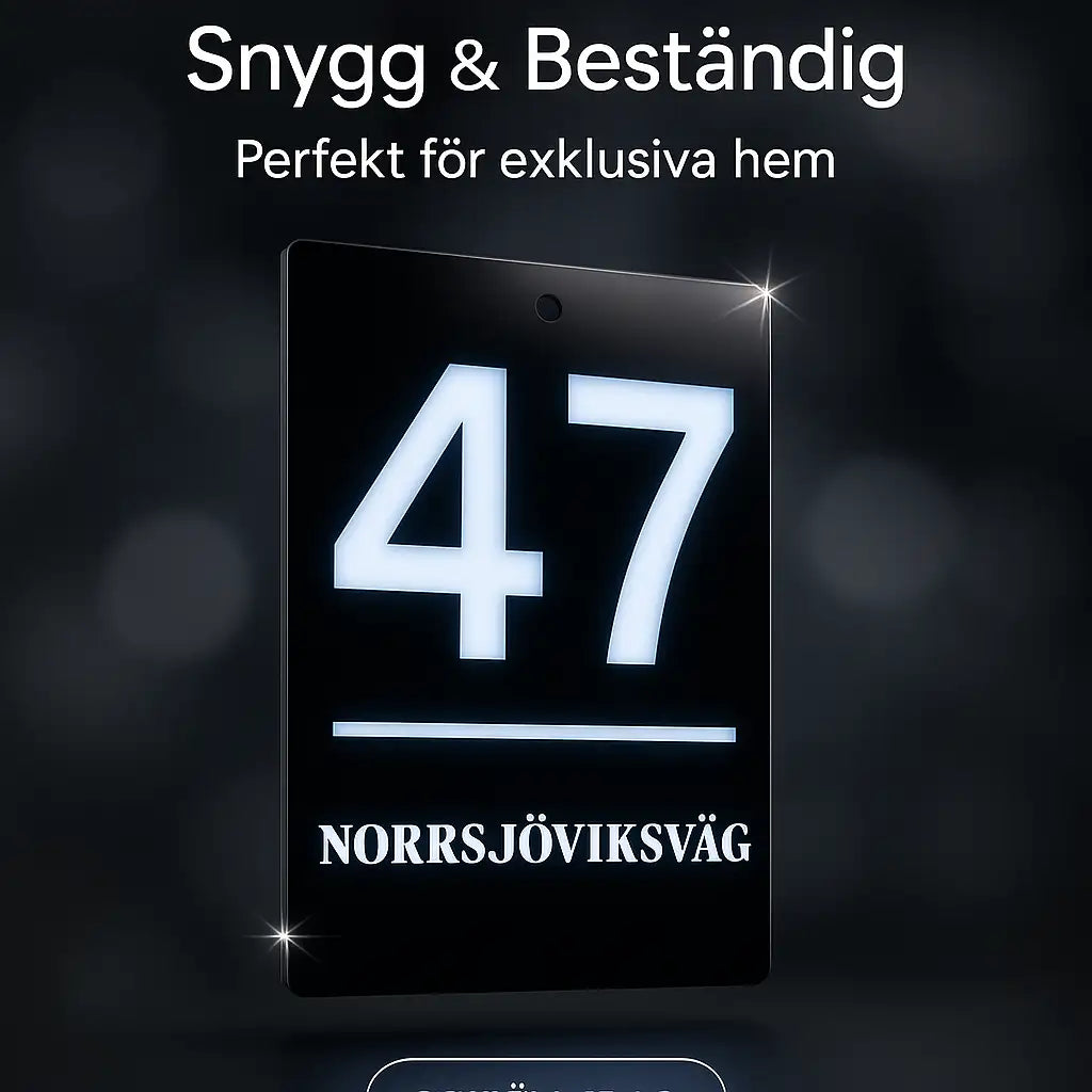 Fasadskylt exklusiv från Express-presenter är en snygg blanksvart akrylskylt som visar 47 och NORRSJÖVIKSVÄG, med "Snygg & Beständig" och "Perfekt för exklusiva hem" på svenska - perfekt som en snygg husnummerskylt för moderna hem.