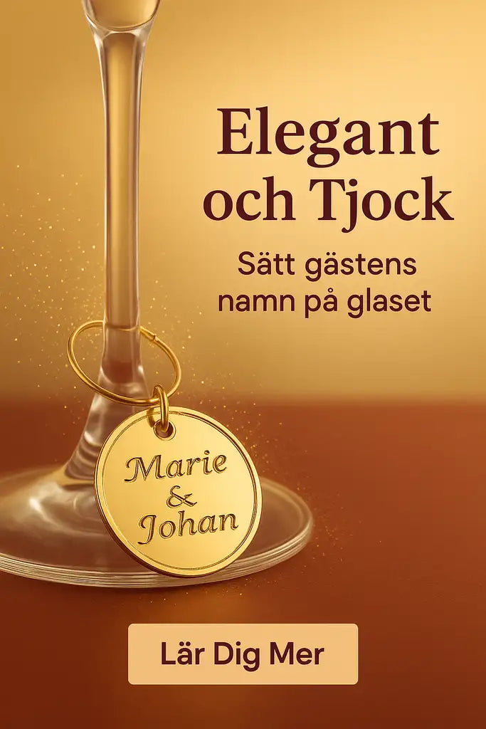 En närbild av ett vinglas med en akryl etikett i guld från Expresspresenter.se:s "Festdekoration för glas med gästernas namn", perfekt för att göra glasen personliga. Svensk text marknadsför dessa eleganta, tjocka taggar. Knapp: Lär Dig Mer.